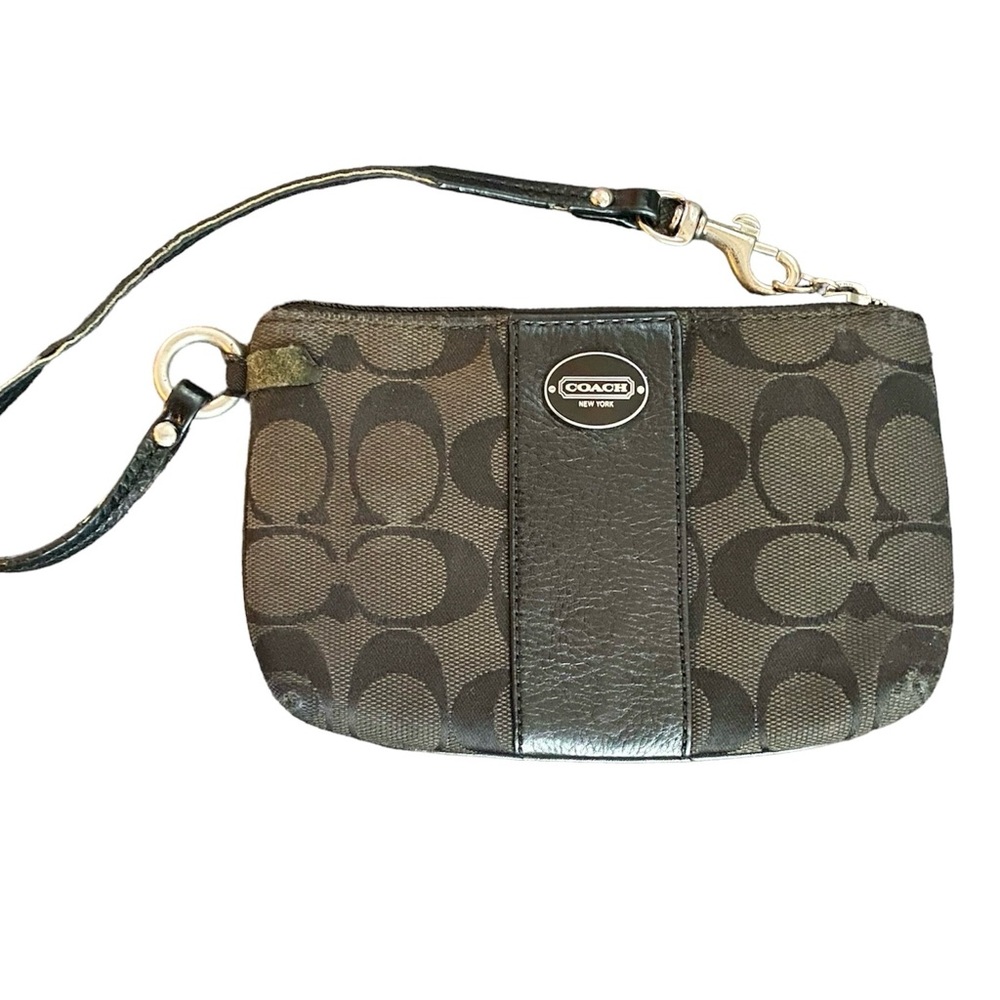 Coach Wristlet Black Leather Legacy Signature Small Coin Purse Wallet Zip Logo